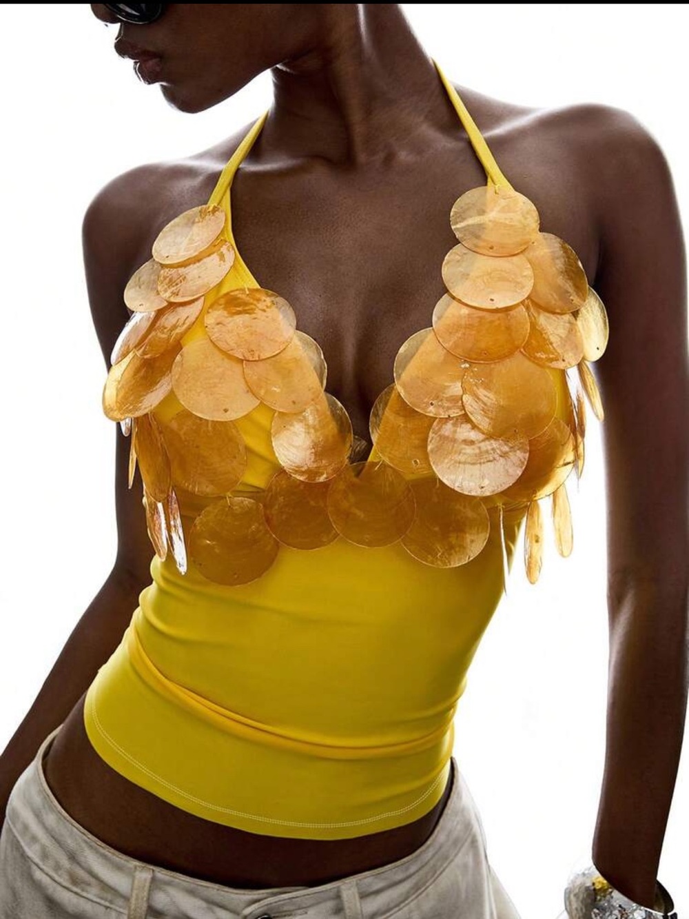 SHEIN Yellow Halter Tank Top with Gold Sequin Discs